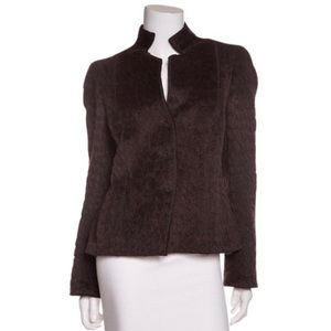 Akris Chocolate Brown Faux Fur Blazer 3 Button Geometric Collar Alpaca/Wool